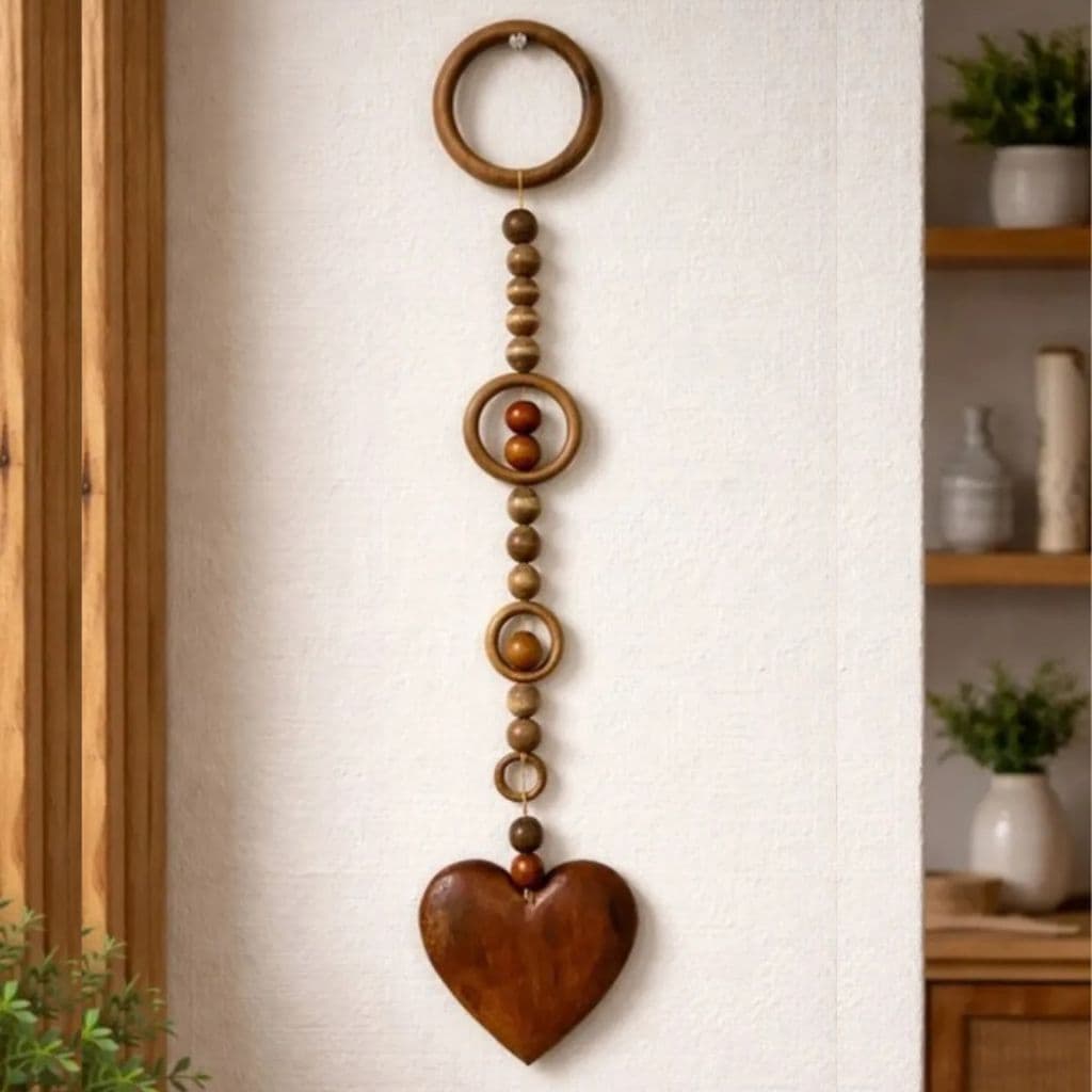 Penca de Coração Colar de Mesa Parede Decorativo Madeira Enfeite Pingente Sala Adorno Natural Rústico Argola Pendurar