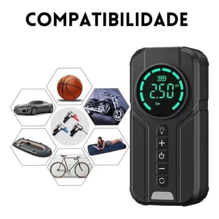 Compressor e Bomba de Ar Inteligente Portátil com Cabo de Ignição de Emergência