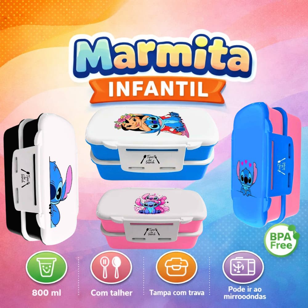 Marmita infantil/adulta Personalizada Stiich Liloo Coloridas com talher 3 divisorias