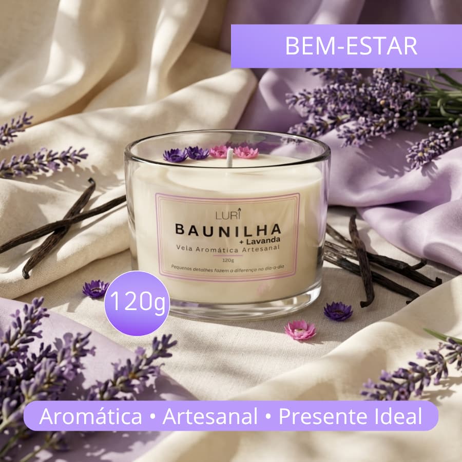 Vela Aromática Baunilha com Lavanda 120g LURI Artesanal Perfumada