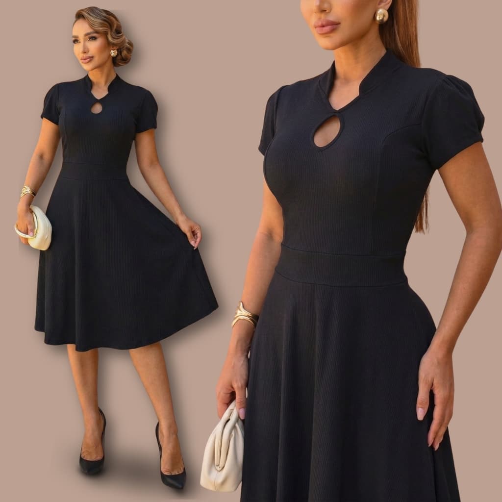 Vestido Midi Godê Rodado Elegante Gola Padre Manga Princesa Moda Evangélica Social Casual Casamento