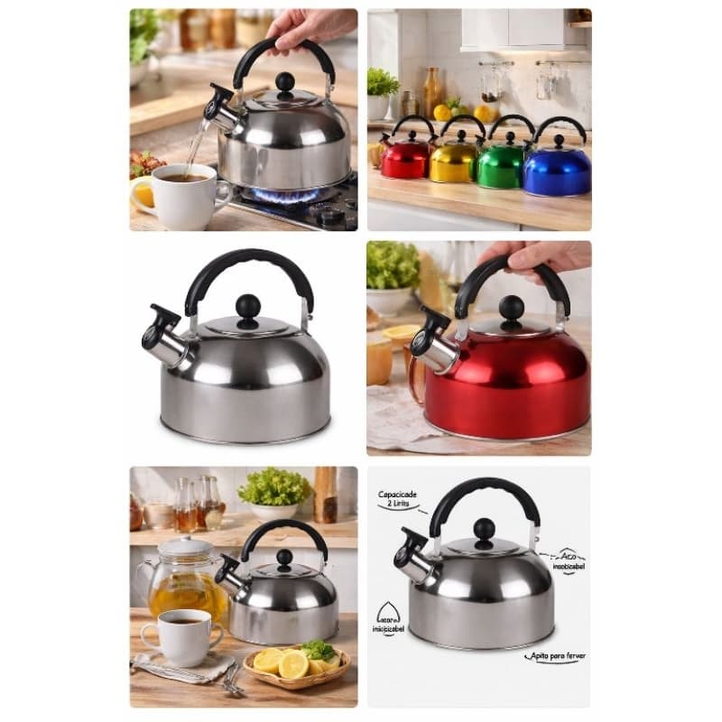 Chaleira Inox 2,0 Litros com Tampa Alça e Apito para Café Chá Bebidas