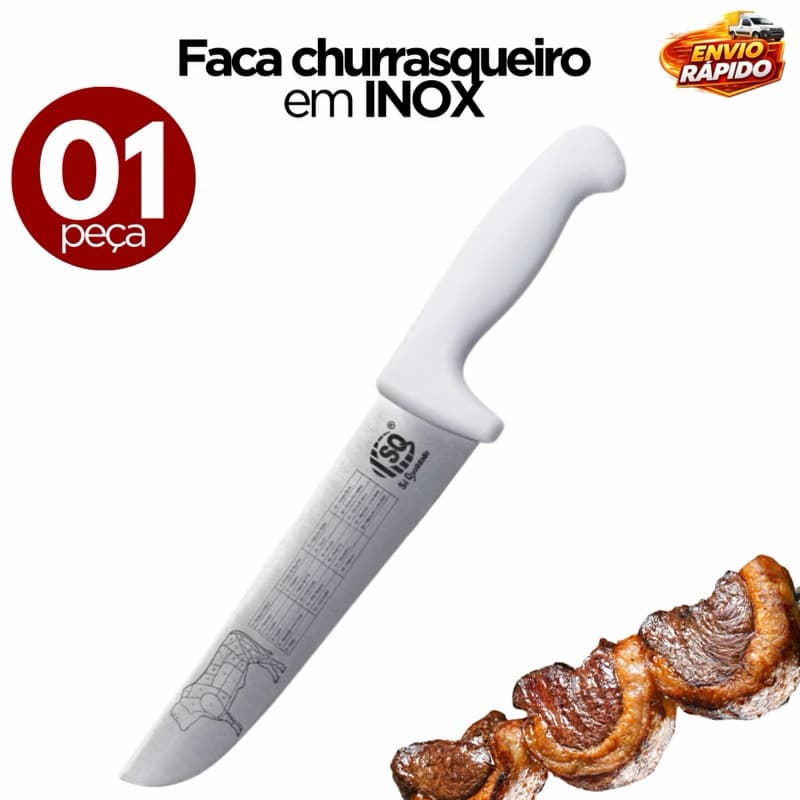Kit 01 Faca de Churrasco Mapa do Boi Gravado Profissional Aço Inox Cabo Ergonômico Churrasqueiro Premium