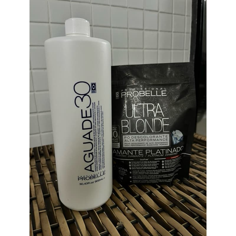 Pó Descolorante diamente platinado 300g + Água Oxigenada 30V 900ml Kit.