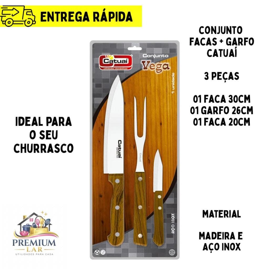 Kit Churrasco 3 peças Catuai Vega Aço Inox (2 facas, 1 garfo)