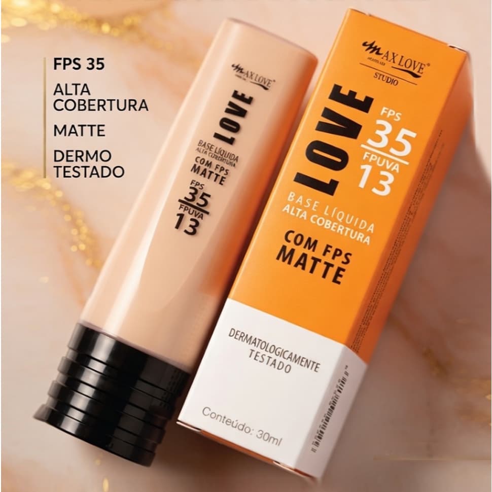 Base Líquida Matte Alta Cobertura FPS 35 Max Love Pele Impecável, Sequinha e Protegida Cores 50 a 61