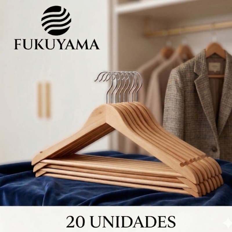 KIT 20 CABIDES DE MADEIRA PREMIUM FUKUYAMA COM GANCHO GIRATÓRIO 360°