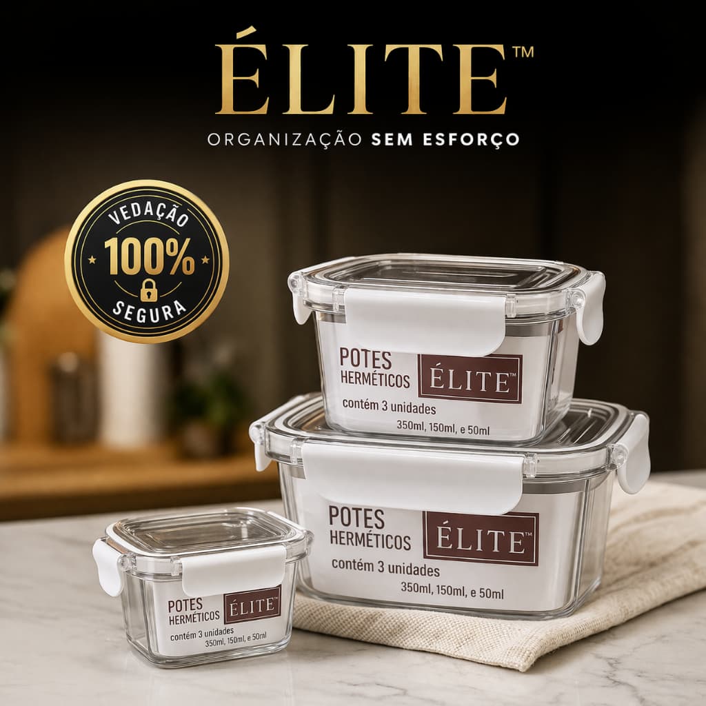 Kit 3 Potes Herméticos Élité™ Vedação Forte Organizador Cozinha Marmita Geladeira