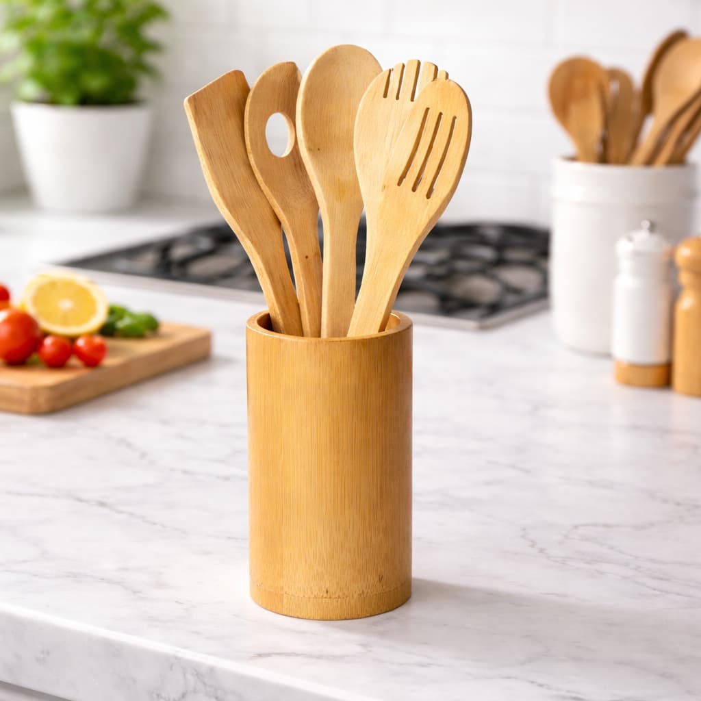 Kit 5 Utensilio de Cozinha de Bambu Colher De Pau (4 talheres + suporte) Casa Colheres Madeira