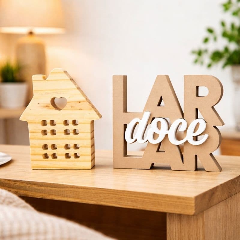 Kit Decoração Lar Doce Lar com Casinha Pinus, Enfeite Sala, Quarto, Mesa Posta,  Moderno Premium