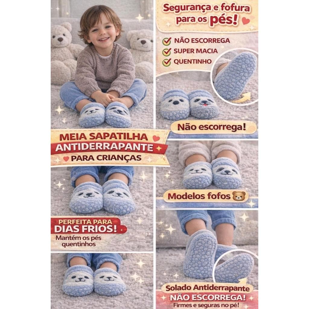 kit Meia Sapatilha Antiderrapante Infantil Menino Felpuda Estampas Fofas
