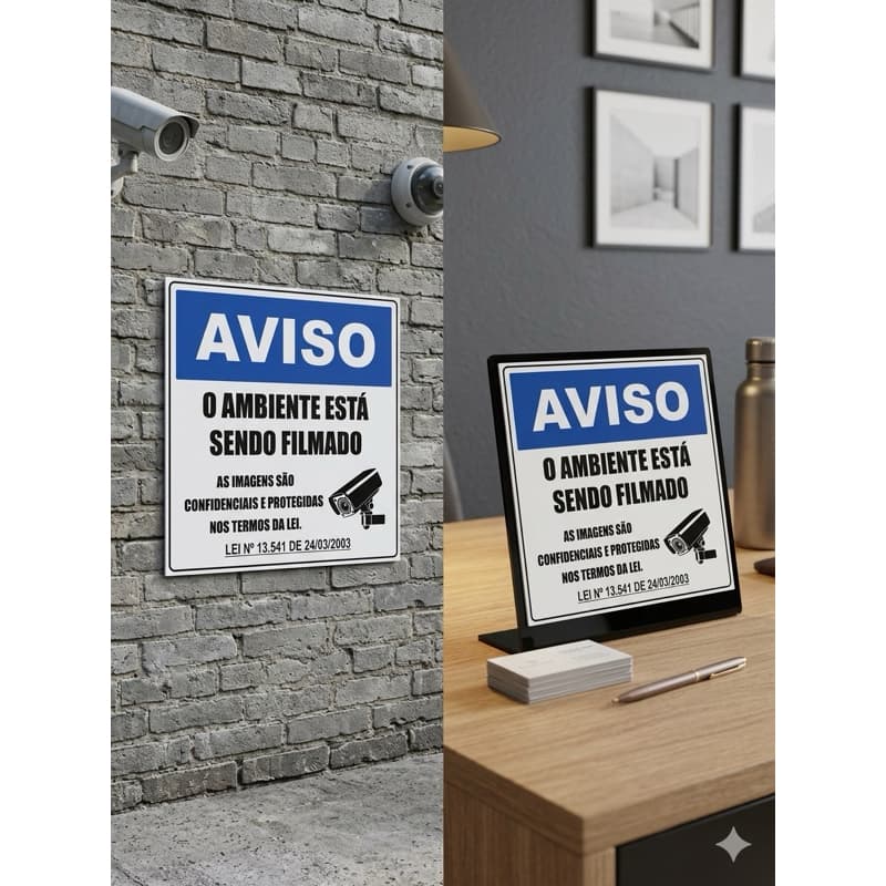 Placa Aviso Ambiente Filmado Câmera Segurança CFTV PS 2mm UV 30x30cm Interno/Externo com Fita