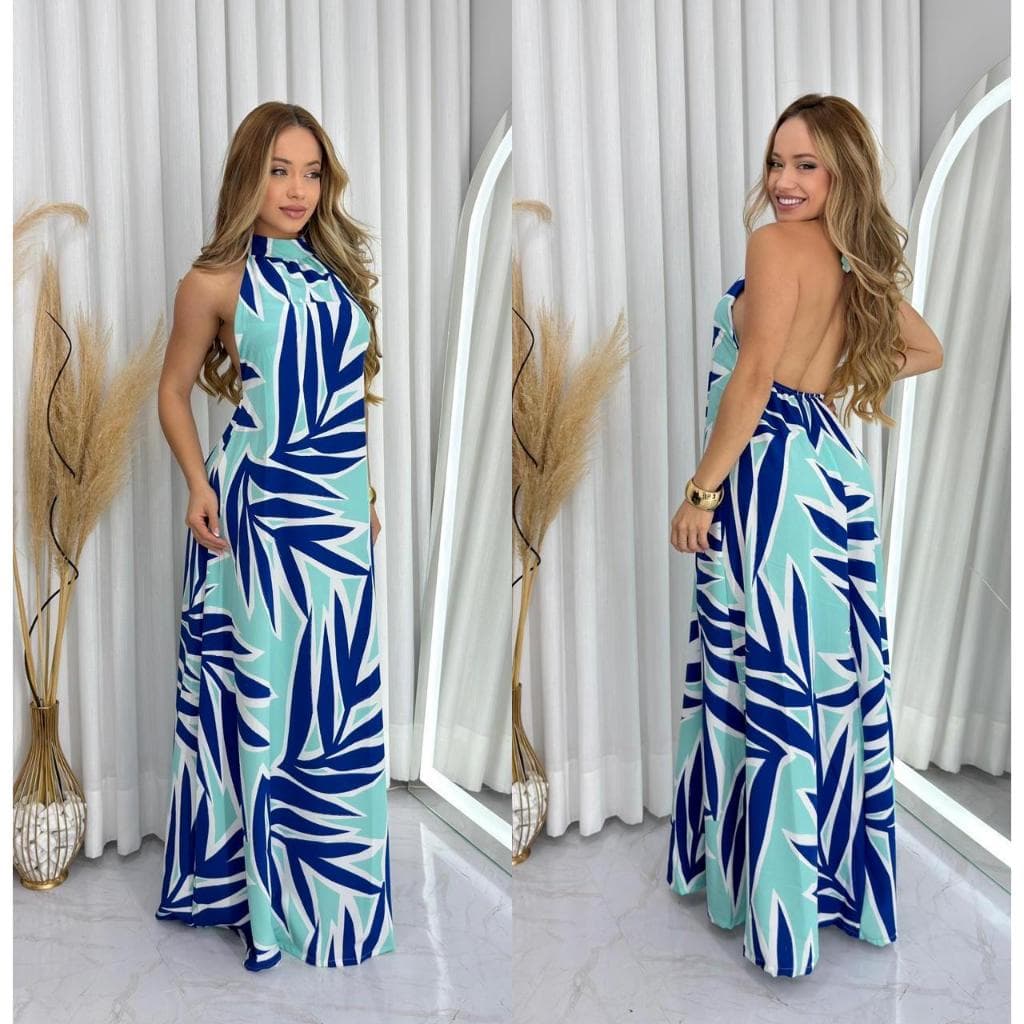 VESTIDO ESTAMPADO FRENTE UNICA GOLA ALTA LONGO VERAO