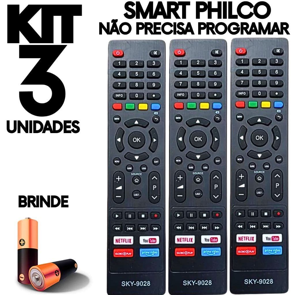 Controle Remoto Philco Smart TV Compatível Sem Programar | Kit 3 Unidades + Pilhas Barato