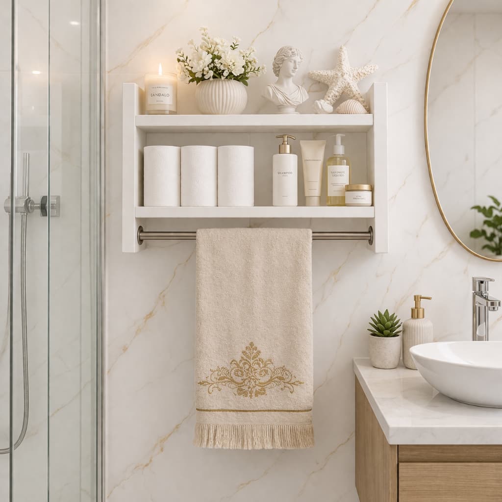 Nicho Banheiro MDF Branco com Toalheiro Porta Shampoo Organizador Parede Suspenso
