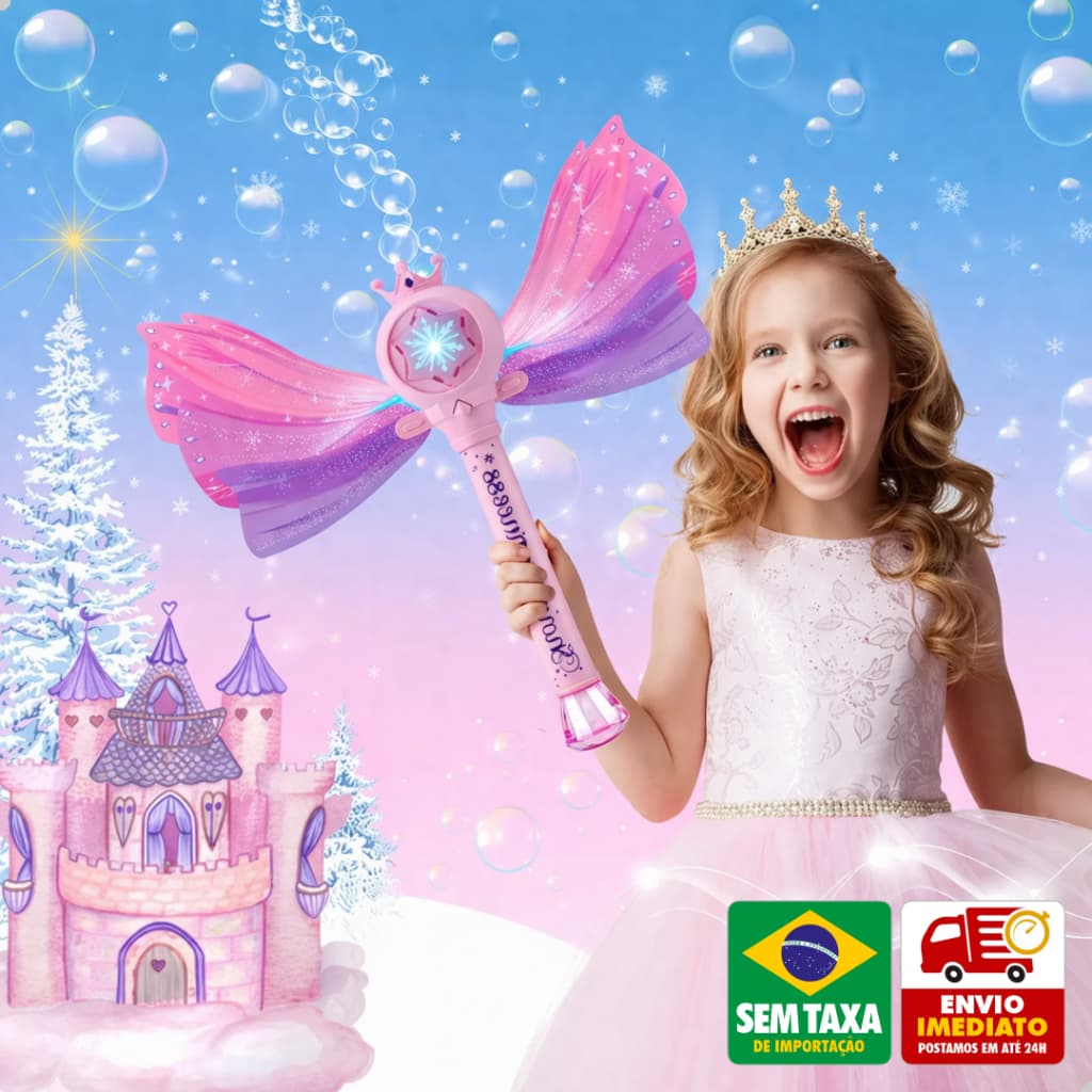 Brinquedo Varinha Mágica Bolhas Sabão Luz Música 3 em 1 Princesa Infantil Menina Festa
