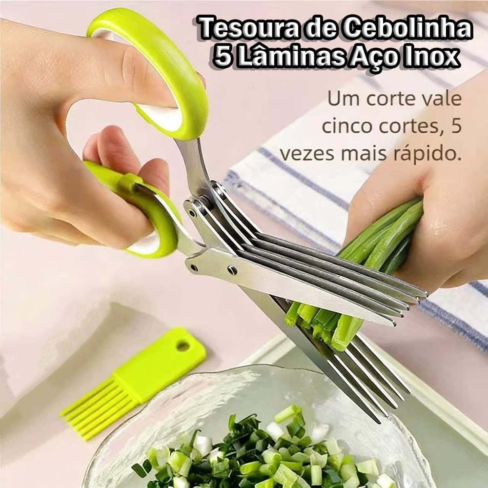 Tesoura de Cebolinha 5 Lâminas Aço Inox - Picar Ervas, Cebolinha, Hortelã, Cozinha Essencial！