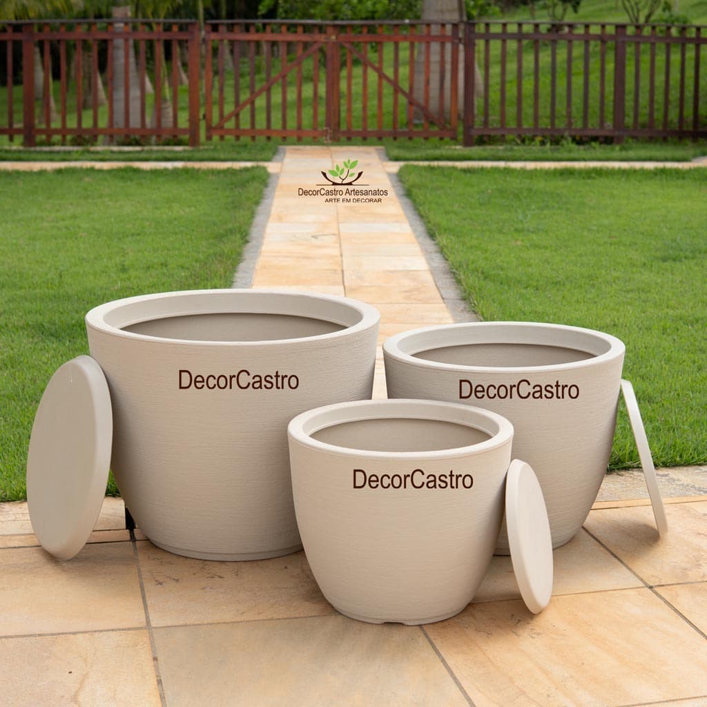 Kit 3 Vasos Grandes Bojo Escovado G 50,5 cm / M 36,5 cm / P 33 cm diâmetro da Boca Com Prato