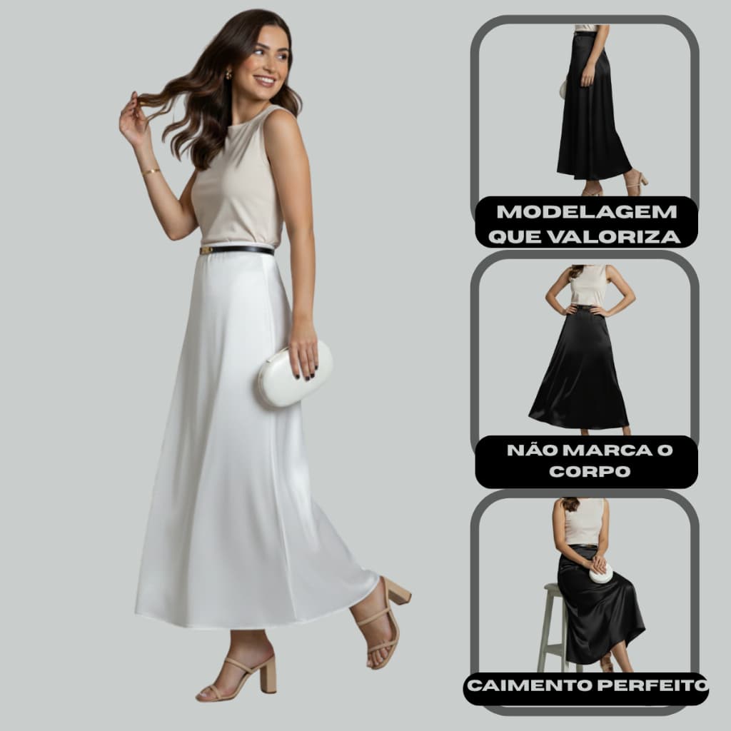 Saia Longa Midi de Cetim Feminina Cintura Alta Elegante Evangélica Moda