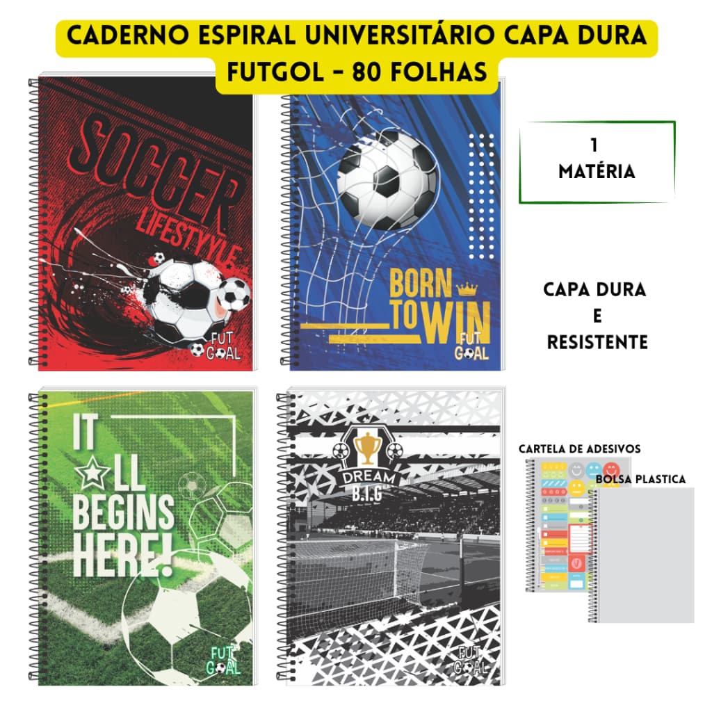 Caderno Espiral Universitário 80 Folhas Capa Dura Adesivos+Bolsa Plástica FutGoal  3B Cadernos