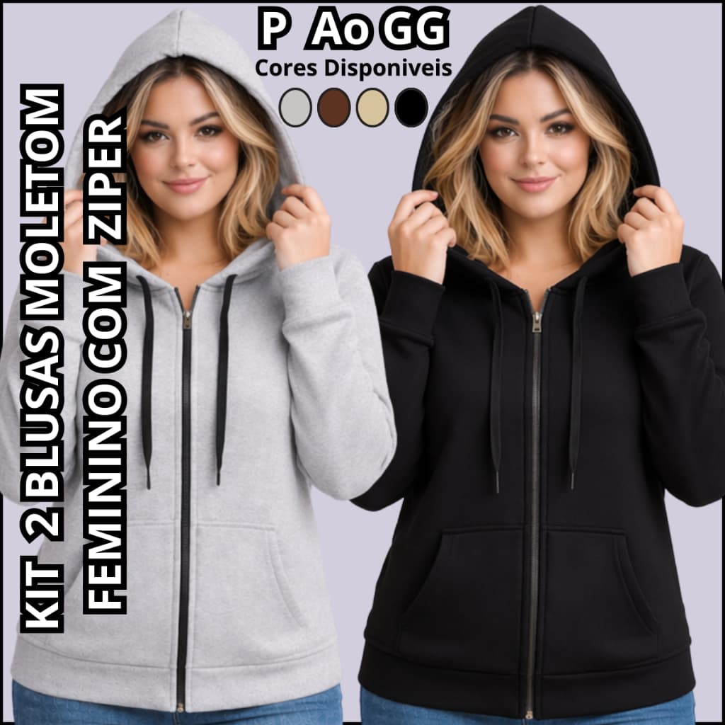 Kit 2 Moletom Feminino Casacos ZíperAberto Flanelado Capuz Bolsos Inverno Casual Liso Quente P Ao GG