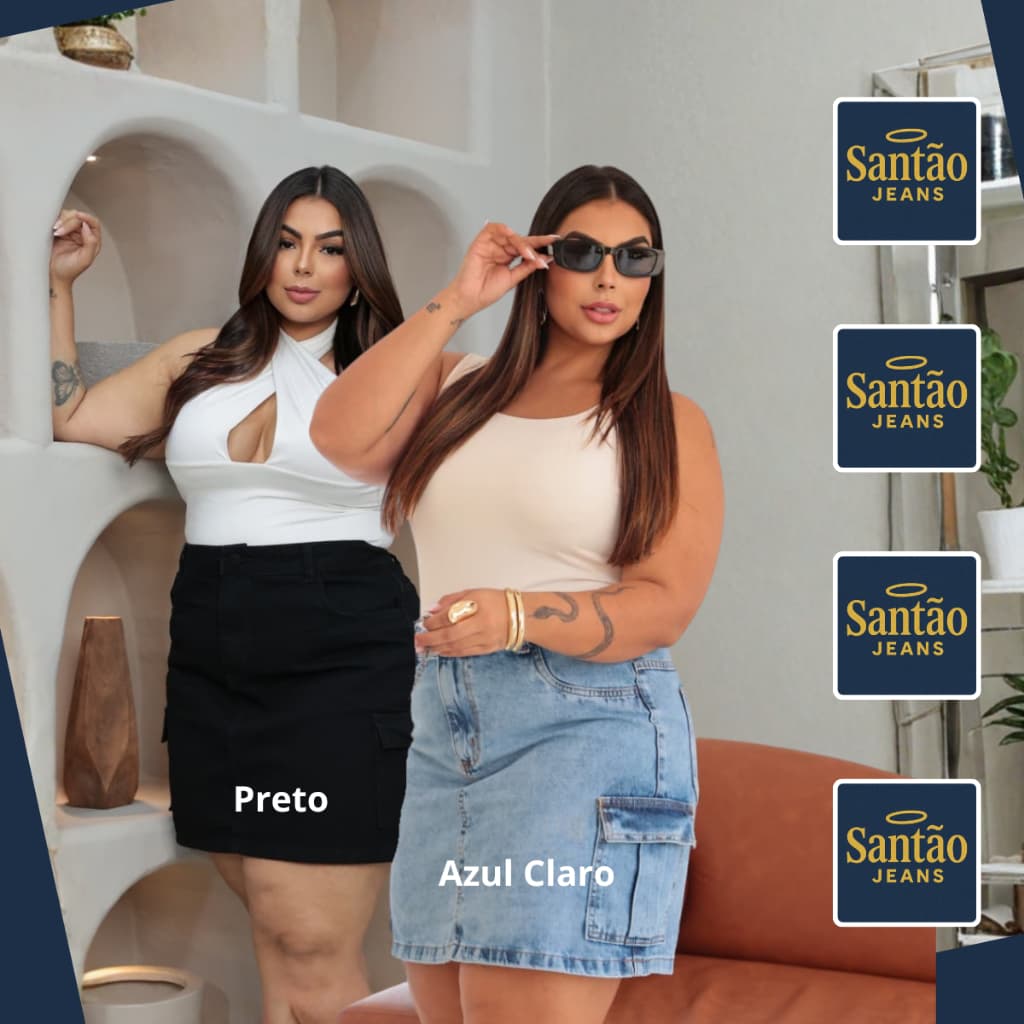 Kit 2 Saias Jeans Cargo Feminina Plus Size Com Bolso Lateral Cintura Alta Confortável 46 ao 54
