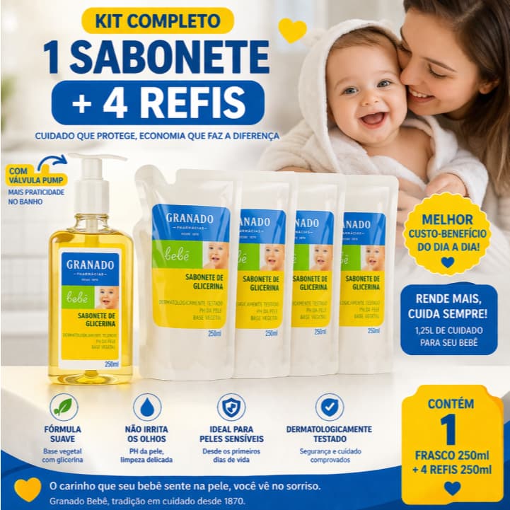 Kit Sabonete Bebê Granado – 1 Frasco 250ml + 4 Refis 250ml Economia + Praticidade