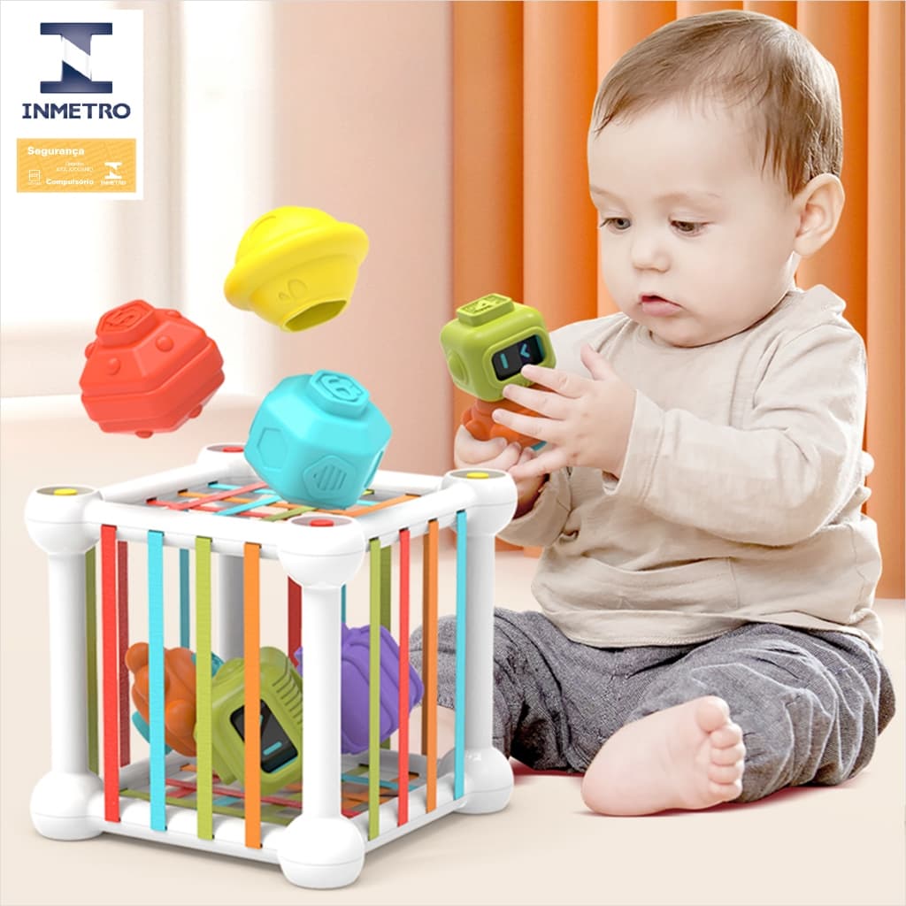 Brinquedo Bebê Cubo Sensorial Elásticos Montessori Coordenação Motora Fina Educativo Tátil Torre Empilhar Aprendizado
