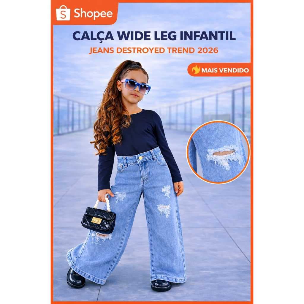 Calça Wide Leg Infantil Jeans Destroyed Menina Estilosa Moda Blogueirinha 2026 Tam 2 ao 8