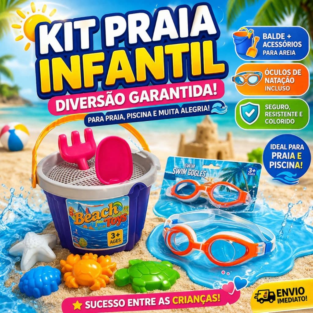Kit Praia Infantil Balde Brinquedos Areia + Óculos Natação Piscina
