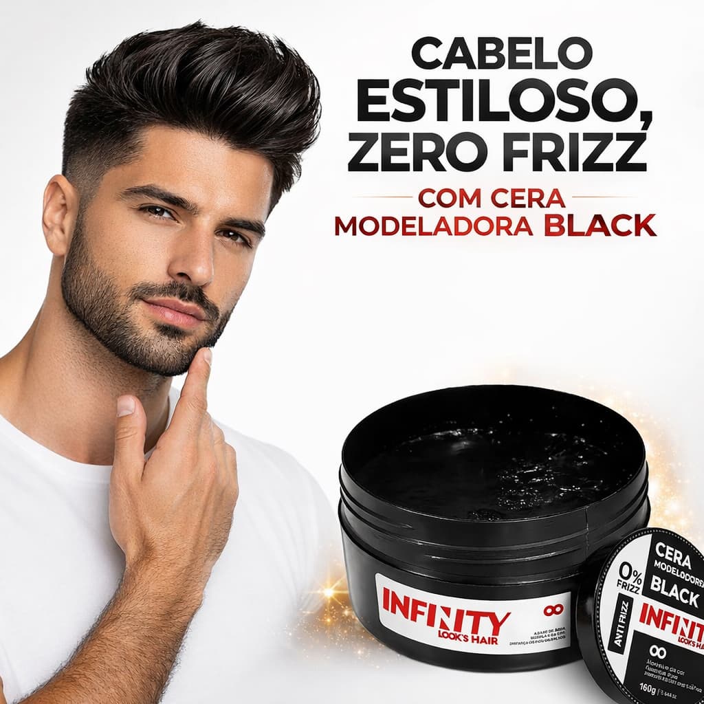 Cera Modeladora Black Infinity Look’s Hair 160g Pomada Capilar Masculina Fixação Forte Anti Frizz Efeito Natural