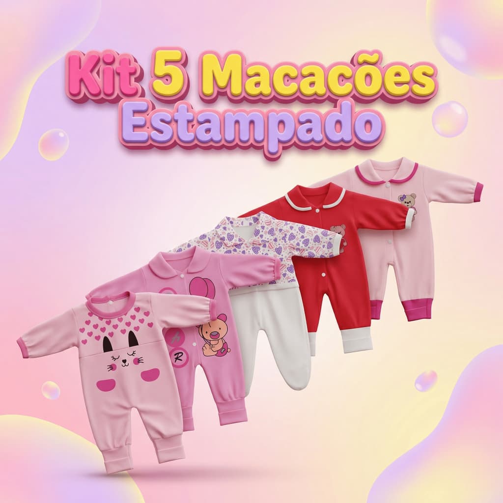 Kit 5 Macacão Estampado Menina Bebê Algodão Vira Pé Inverno Verao Infantil Macio Enxoval Macacões