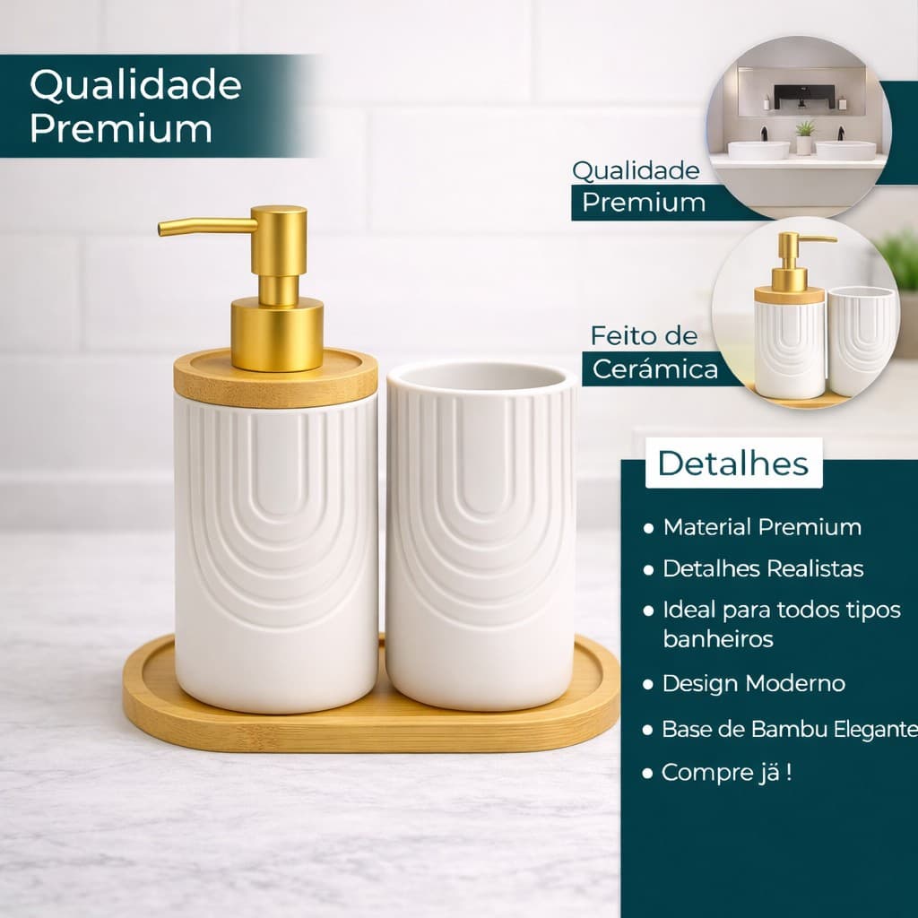 Banheiro Lavabo Luxo Cerâmica Premium | Dispenser Sabonete Líquido + Porta Escova de Dente | Conjunto Elegante Moderno