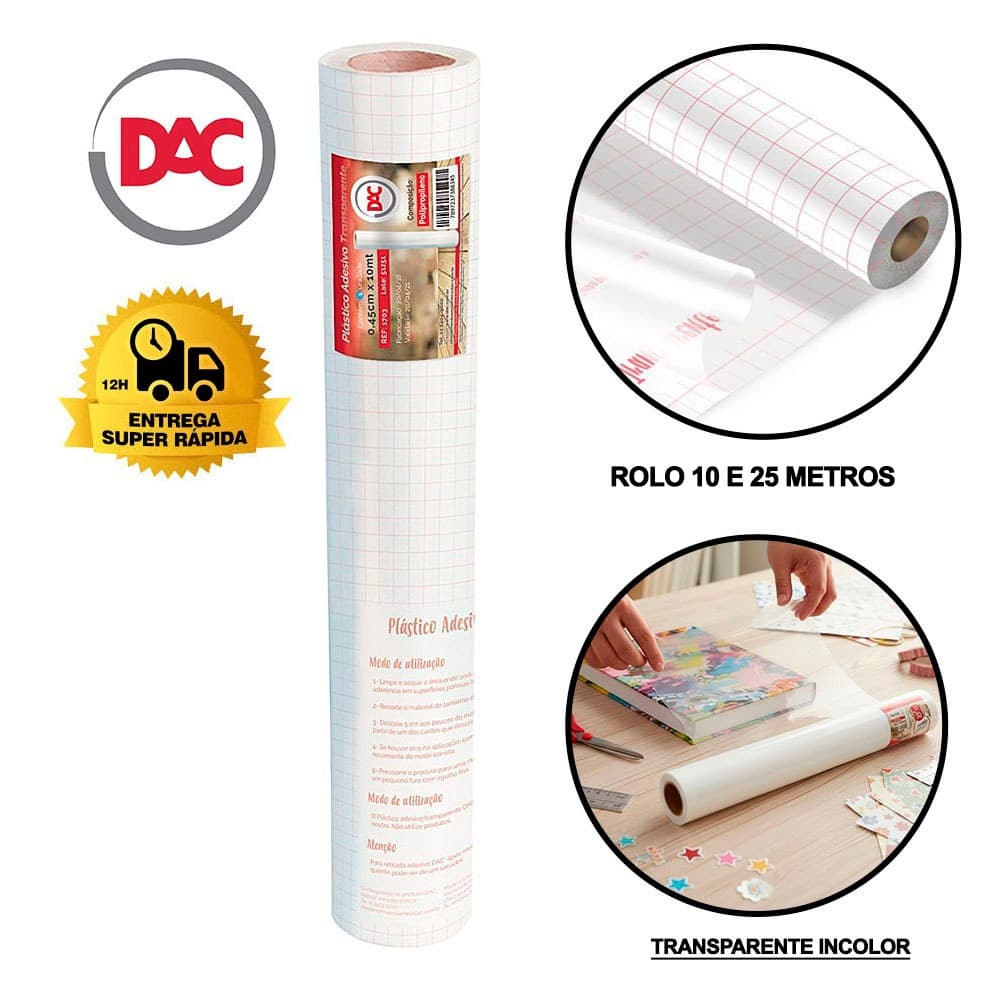 Papel Contact Transparente Adesivo 50 Micra  Dac Rolo 10 e 25 metro