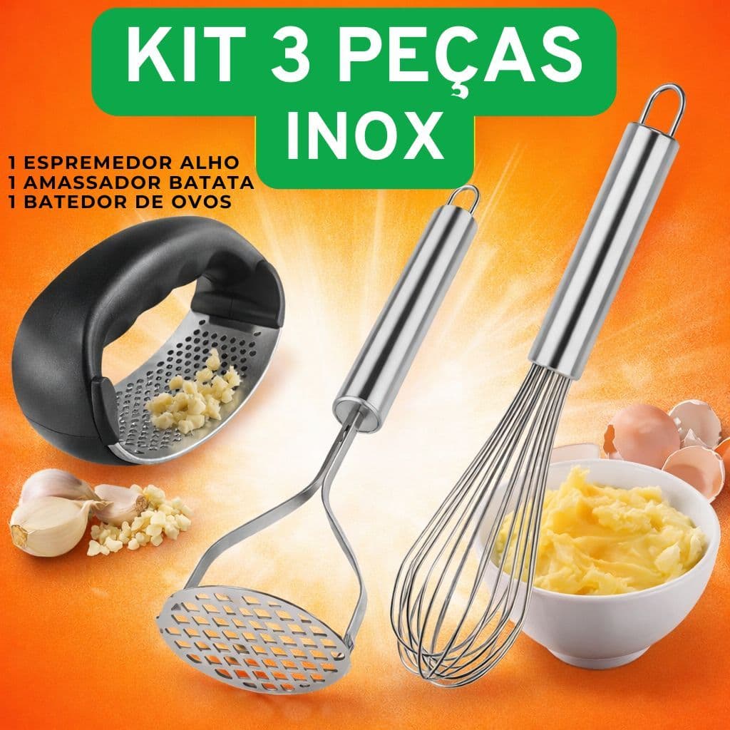 Kit Utensílios Inox Espremedor Alho Amassador Batata Fouet Batedor Ovos