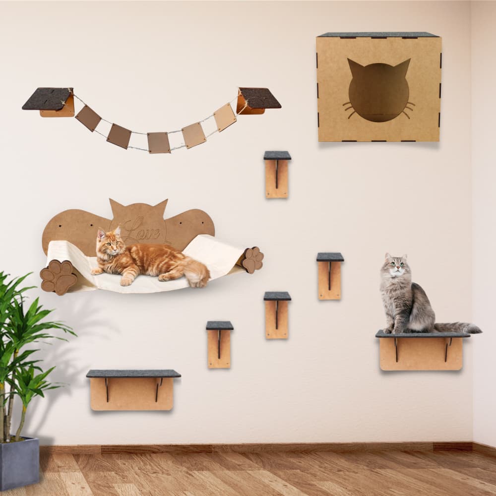 Playground de Gatos Kits Toca Nicho Arranhador Rede Suspensa Casinha Escadinha Pontes Prateleiras