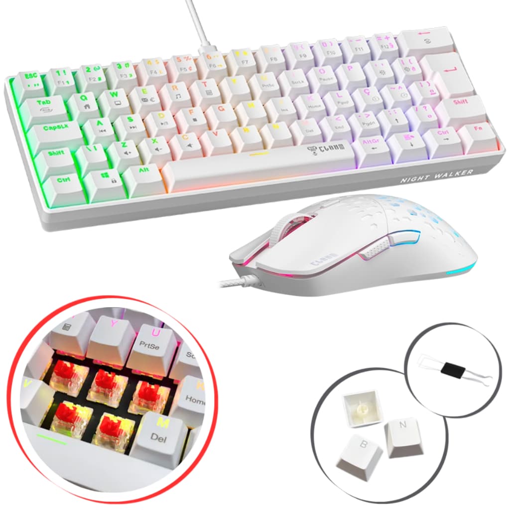 Kit Combo Mouse Teclado Gamer Reaver Duo v2 Mecânico 60% Switch Red Vermelho Branco Preto Jogo CLANM