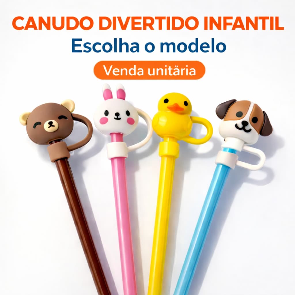 Canudo Com Tampa Protetora Divertida Reutilizável Animais 23 CM