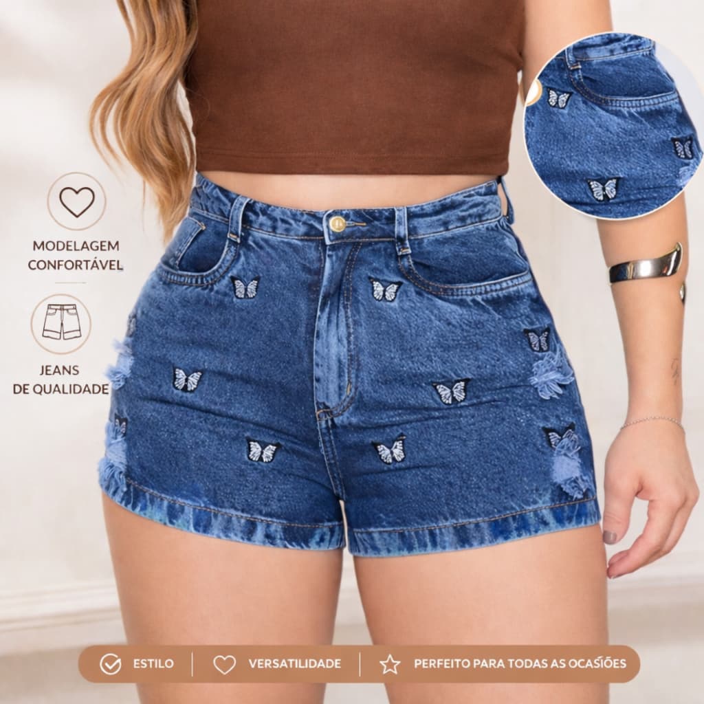 Short Jeans Feminino Cintura Alta com Modelagem Confortável 100% Algodão Premium