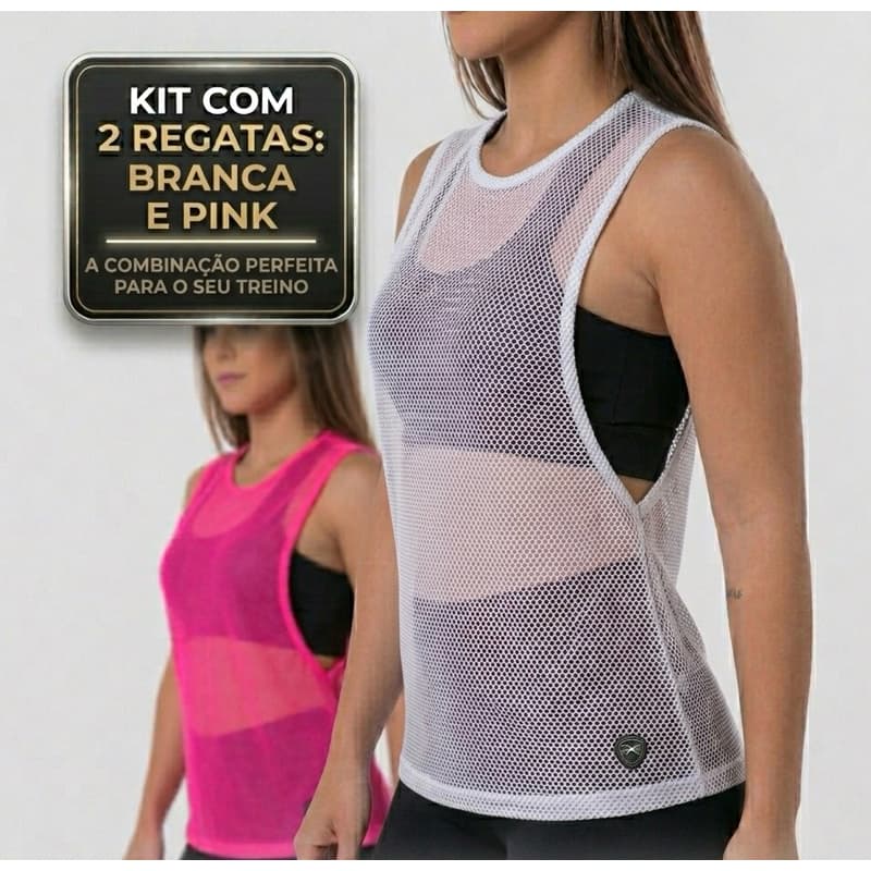 KIT COM 2 BRANCO PINK CAMISETA REGATA FEMININA TELA TULE TRANSPARENTE SOBREPOSIÇÃO ACADEMIA FITNESS