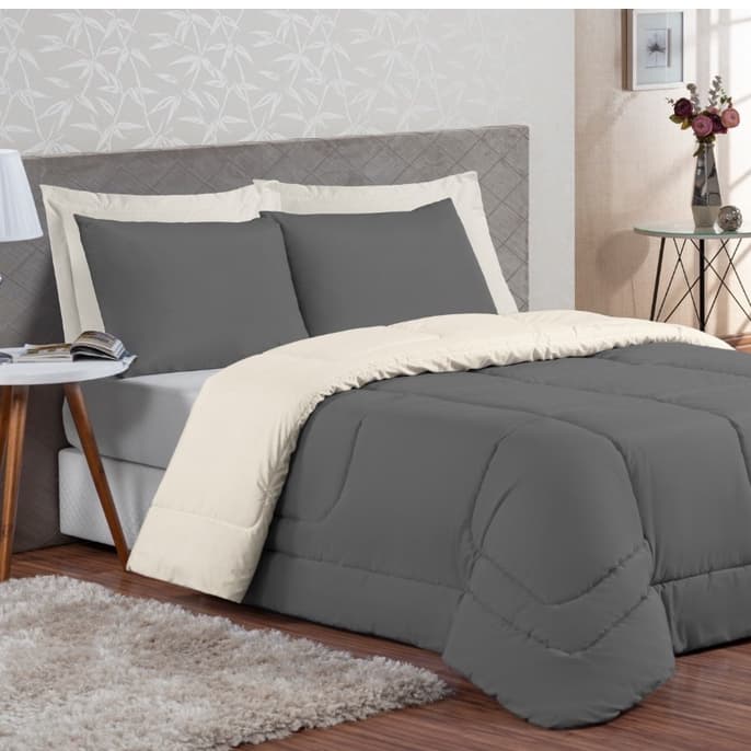 Kit Edredon Ternura Casal Queen 6 Peça  Dupla Face Cinza/Branco