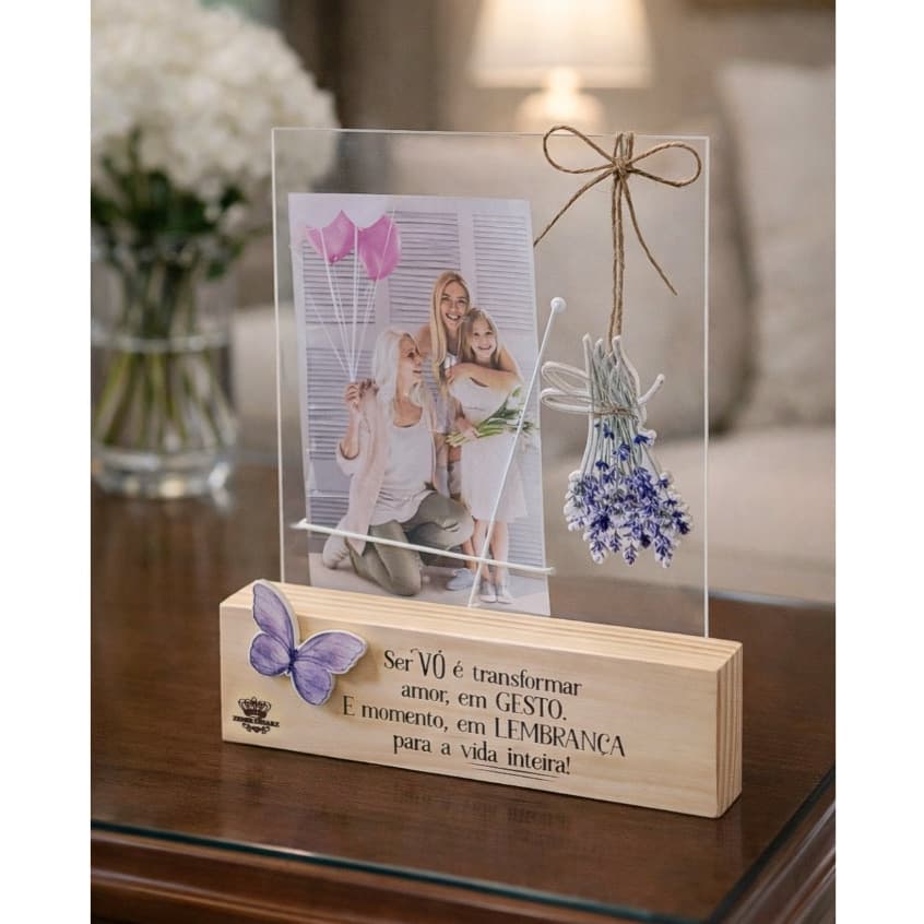 Porta Retrato de Mesa Personalizado Vó Dia das Mães Avós Delicado Madeira Acrílico Floral Lavanda Presente