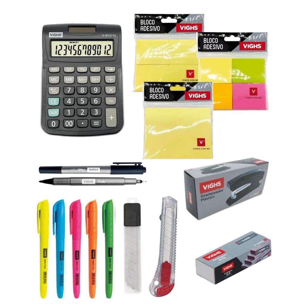Kit Escritório Completo VIGHS Calculadora, Grampeador, Marca Texto, Bloco Adesivo – Envio Imediat