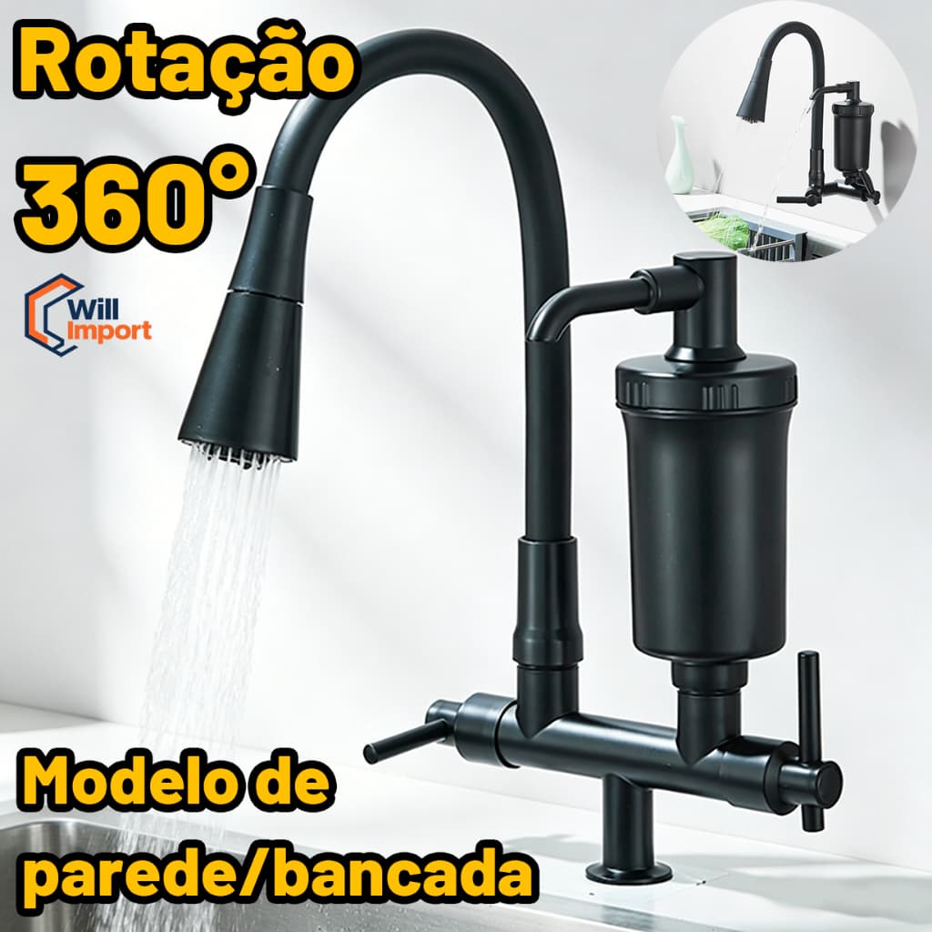 Torneira Filtro Gourmet Luxo Pia Cozinha Flexível Bancada Preta Cor Preto