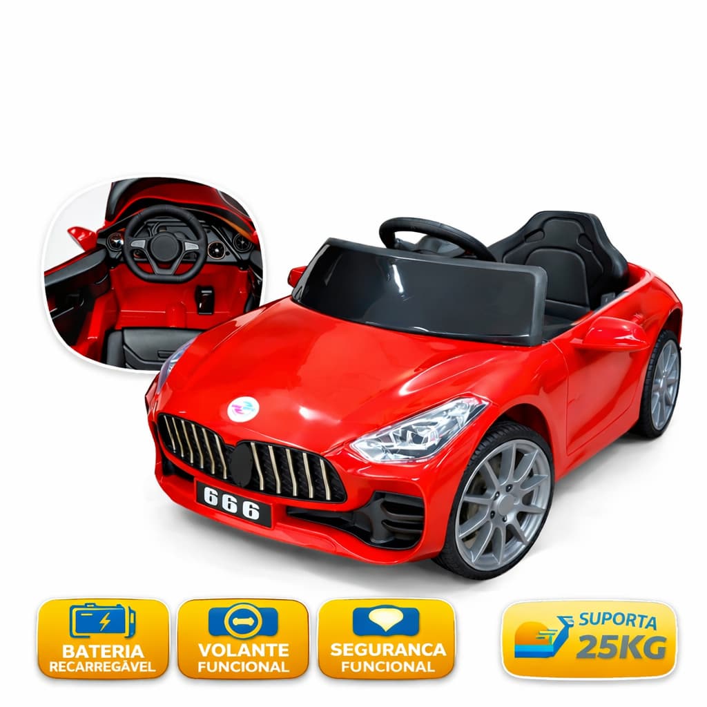 Carro Elétrico Infantil 6V Mini Esportivo Vermelho 3+ Anos Bateria Recarregável Até 25kg