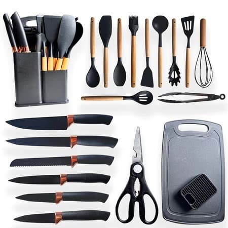 Kit Peças Cozinha Completa Peças Premium Facas Profissionais Utensílios Silicone Tábua Chef Top