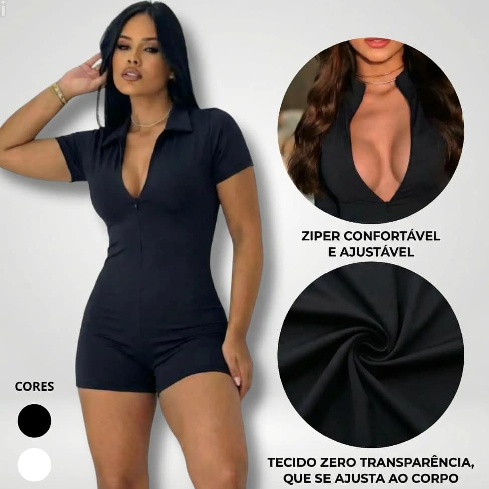 Macaquinho Feminino Moda Gringa Fitness Macacão Gringo Shorts Curto Manga Curta Ziper Blogueira