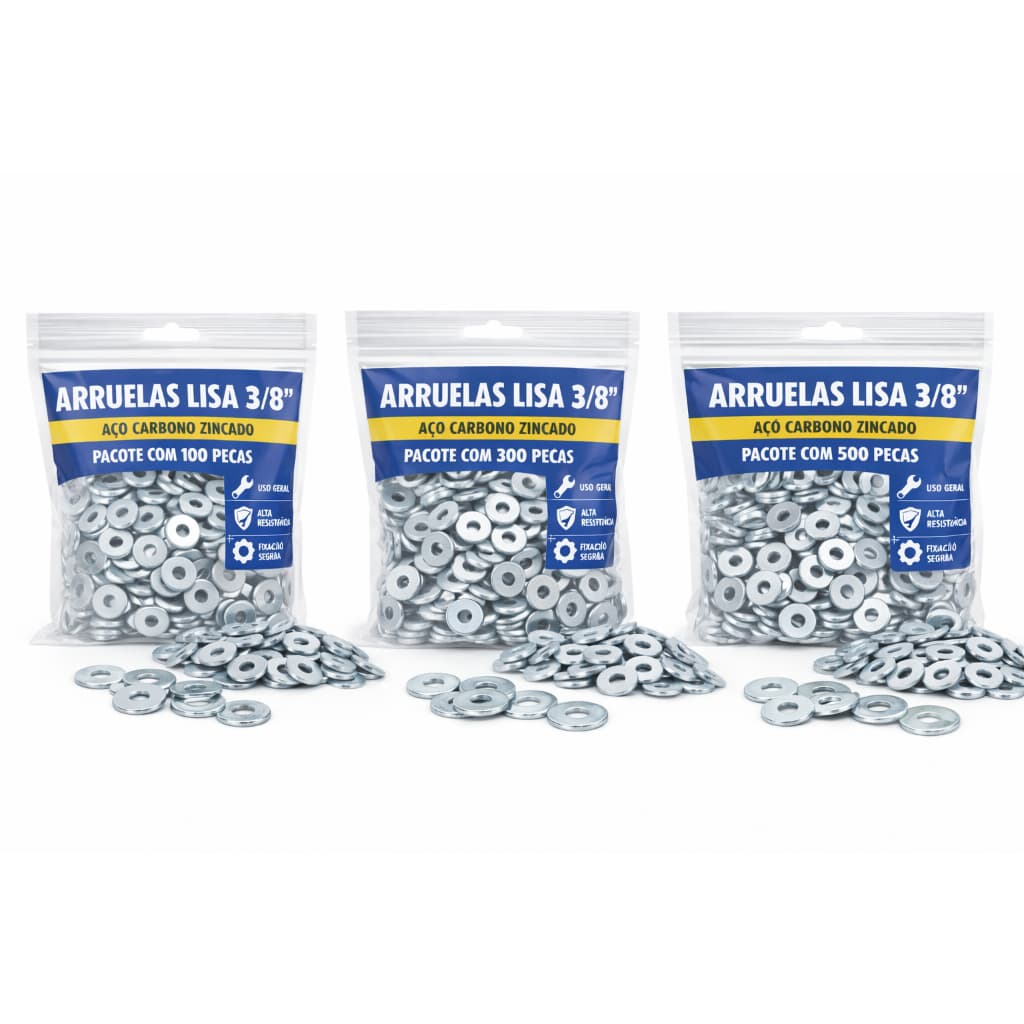 Kit Arruela 3/8 Zincada Reforçada 100 300 500 Peças Pronta Entrega Alta Resistencia