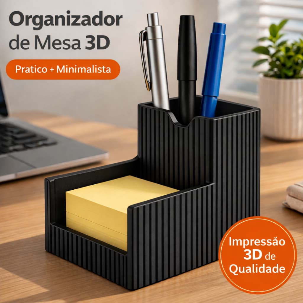 Porta Caneta com Porta Post-it Preto | Organizador de Mesa Premium | Suporte Escritório