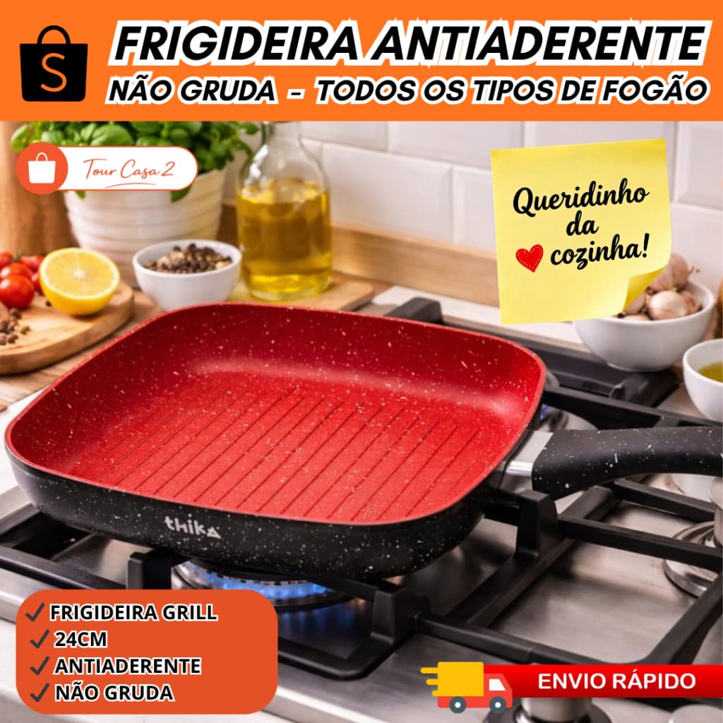 Frigideira Grill Quadrada 24cm Antiaderente Indução Stone Panela Grelhar Carne Não Gruda Fritar